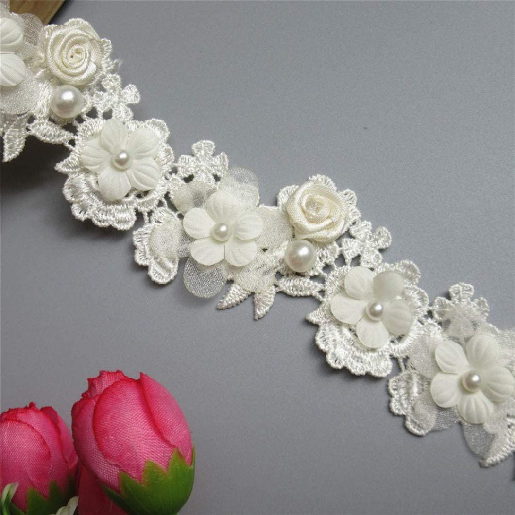 1 Meter Flower Pearl Lace Edge Polyester Trim Ribbon 6 cm Width Vintage Style Off White Edging Trimmings Fabric Embroidered Applique Sewing Craft Wedding Bridal Dress DIY Party Clothes Embellishment 