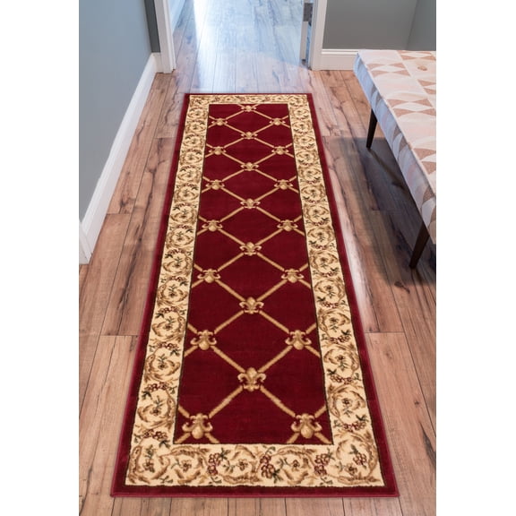 Well Woven Timeless Fleur De Lis Trellis Floral Border Red 2'3" x 7'3" Runner Area Rug