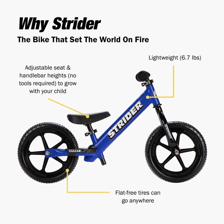 Strider, 12 Sport Bike, Balance Bicycle, Blue - No Pedal Design