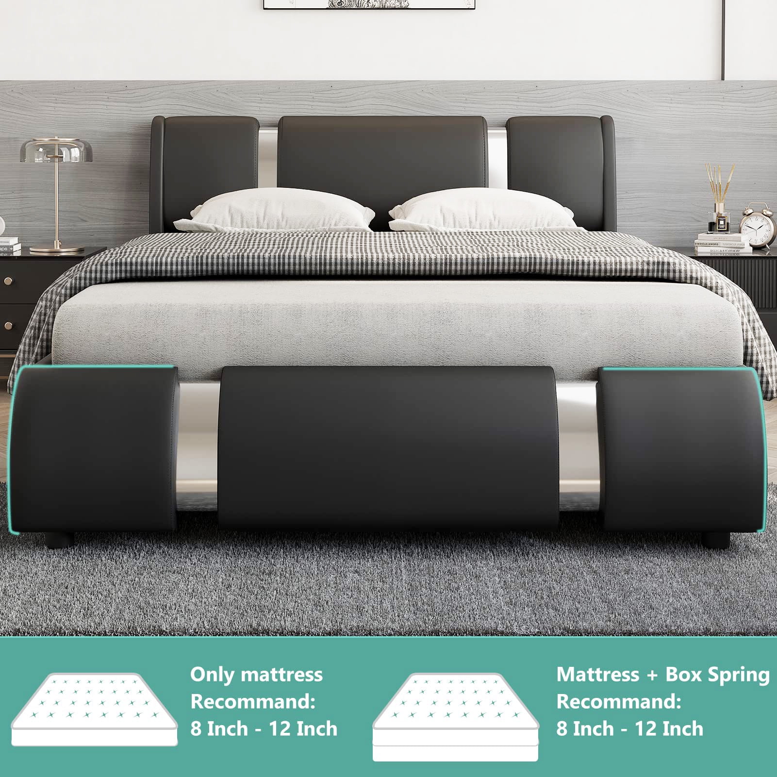 Faux Leather Bed Frame With LED Light & Adjustable Headboard, Full Size Modern Upholstered Platform Bed, Wooden Slats Bed Mattress Foundation(White-Full)