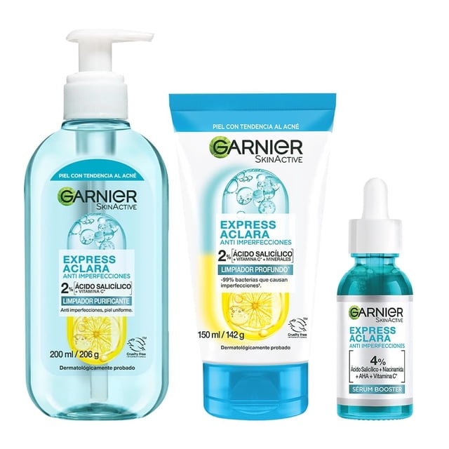 Kit Garnier Rutina Express Aclara Anti Acné 3 pasos, Agua Micelar con Acido Salicílico 400ml + Micro Exfoliante Sueva Anti Acné 150ml + Serum Booster Anti Acn&eacu