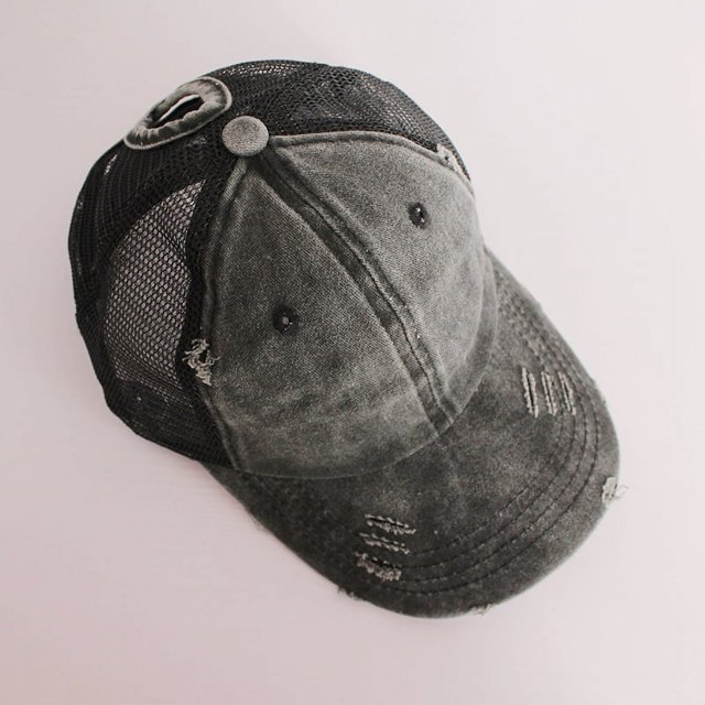 Vintage Ponytail Baseball Cap Women Adjustable Snapback Hat Mesh Distressed Summer Cap Woman Sunhat black Adjustable