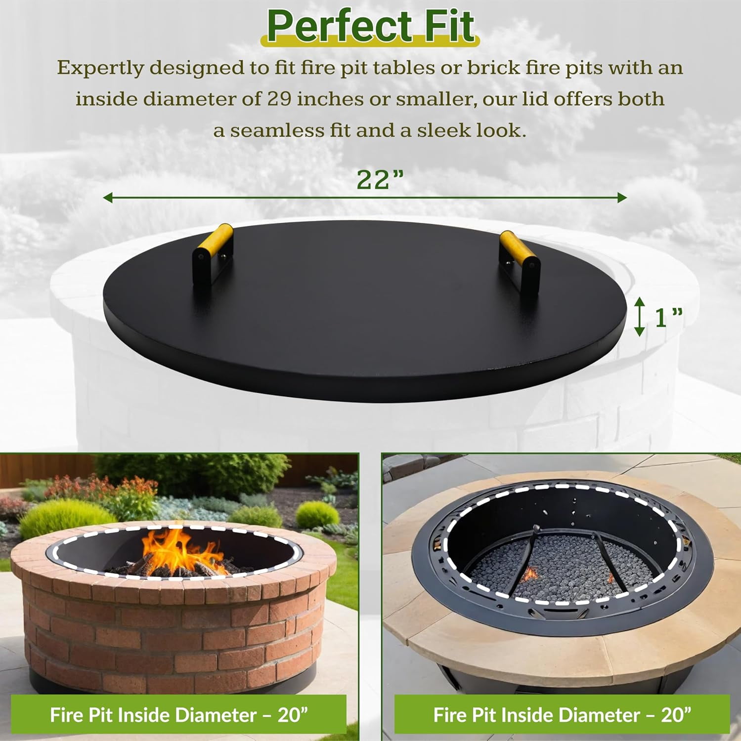FEBTECH - 22 Inch Fire Pit Pan Snuffer Lid - Compatible for 19” Round Drop In Fire Pit Burner Pan & 18” Flat Fire Pit Burner Pan - Rust Resistant 16 Gauge Carbon Steel Fire Pit Lid With Wooden Handle