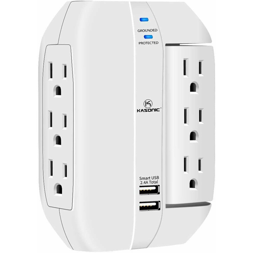 Wall Outlet Surge Protector, 6 Grounded Outlets with 2.4A Dual USB