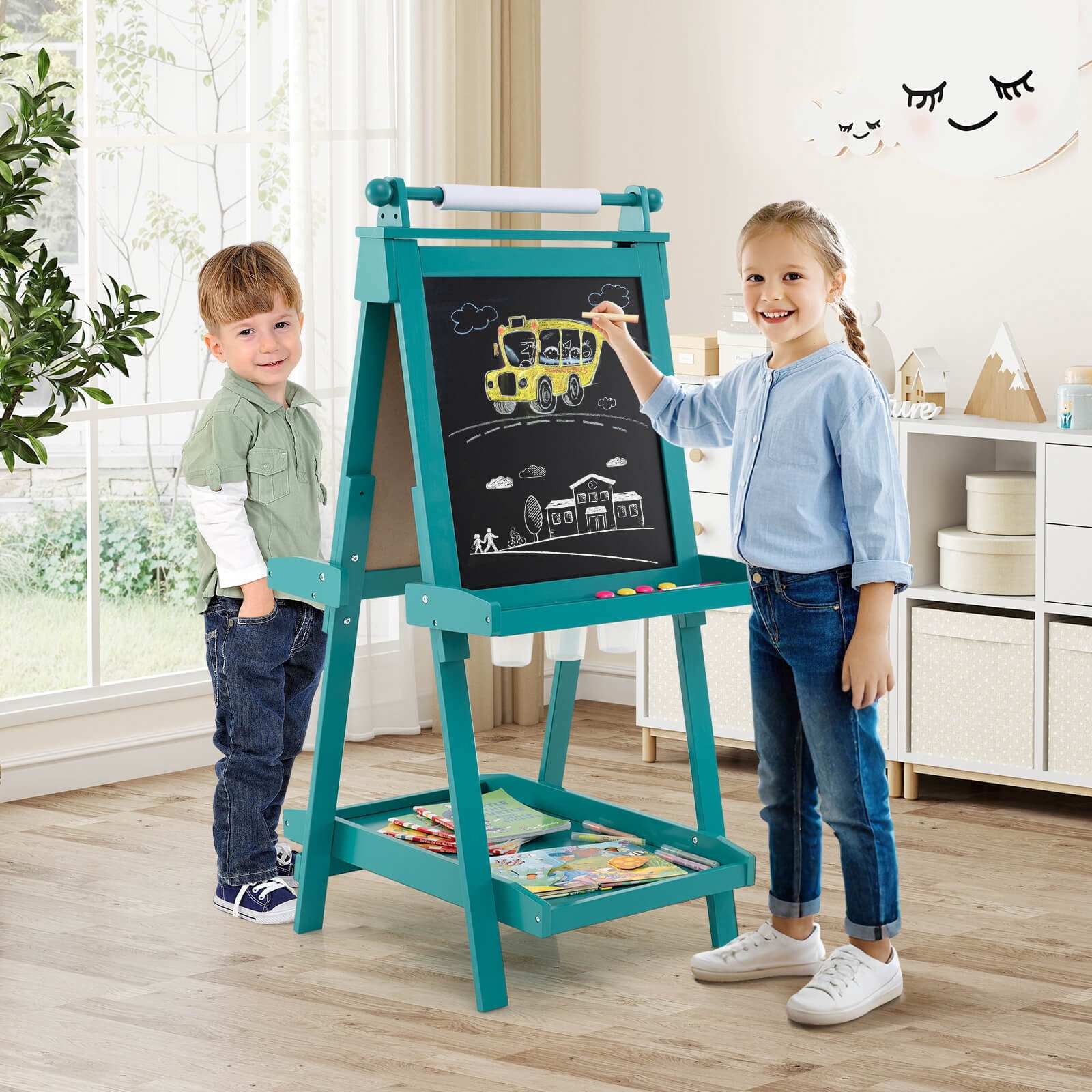 Infans Foldable Easel for Kids 3-in-1 Double-sided Art Easel with Chalkboard Gray