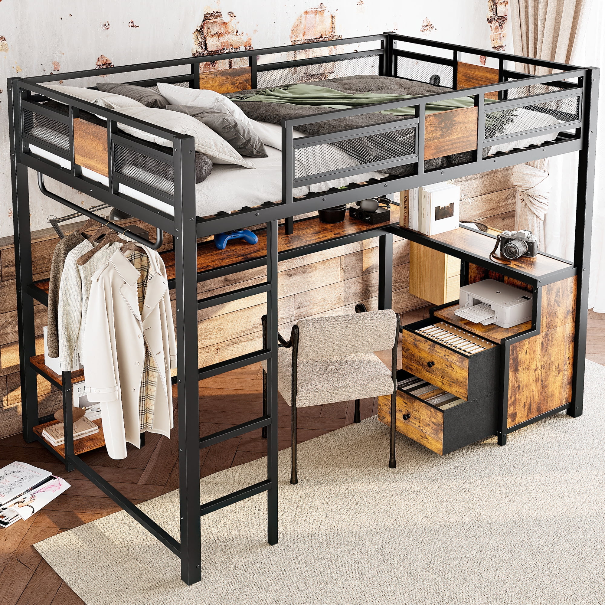 Leumius Full Size Loft Bed with Desk and Storage Drawers,Industrial Style Metal Loft Bed Frame with Ladders,Space-Saving/Noise Reduced,Black