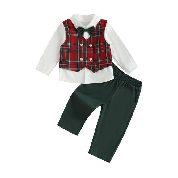 Miaouyo Toddler Baby Boy Christmas Gentleman Outfit 6 12 18 24 Months 2T 3T 4T Button up Shirt with Bow Tie and Plaid Vest Elastic Pants Set for Formal Wear