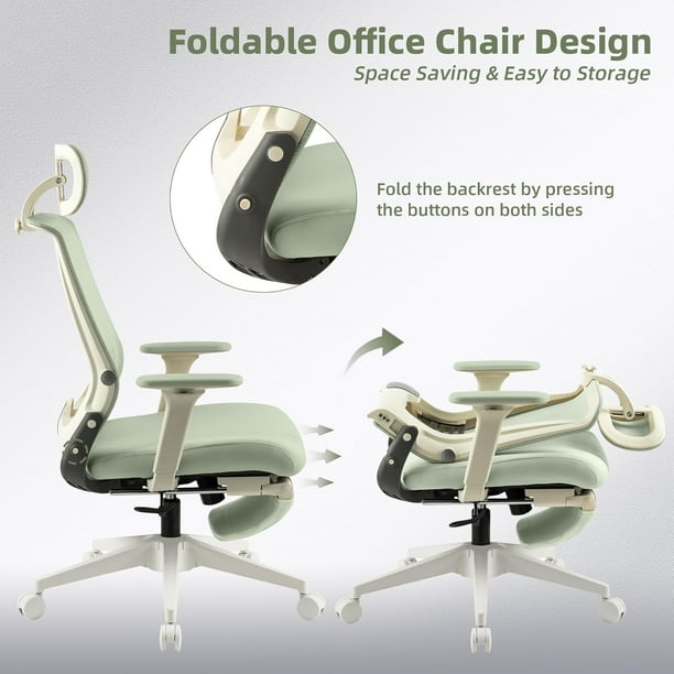 Hforesty Foldable Office Chair with Footrest Green Ergonomic Mesh Office Desk Chair Comfortable Tilt Function Swivel Computer Office Chair Lumbar