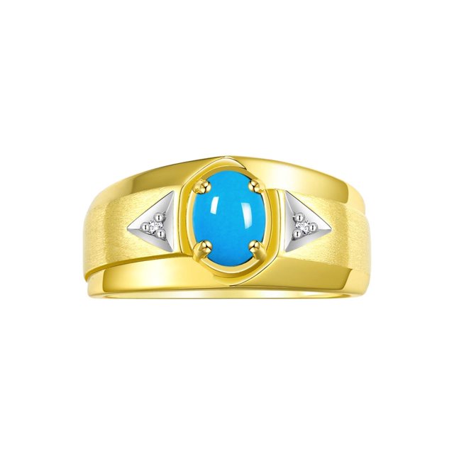 RYLOS Men's Rings 14K Yellow Gold Classic 7X5MM Oval Gemstone & Diamond Ring Turquoise December Birthstone Rings For Men, Gold Rings Size 11