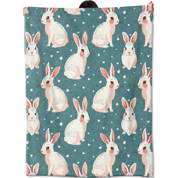 Cute White Bunny Blanket Gifts for Kids Women Adult Girls,Cartoon Rabbit Teal Throw Blankets,Soft Comfy Lightweight for Home Couch Bed Sofa Modern Decor 50x60in