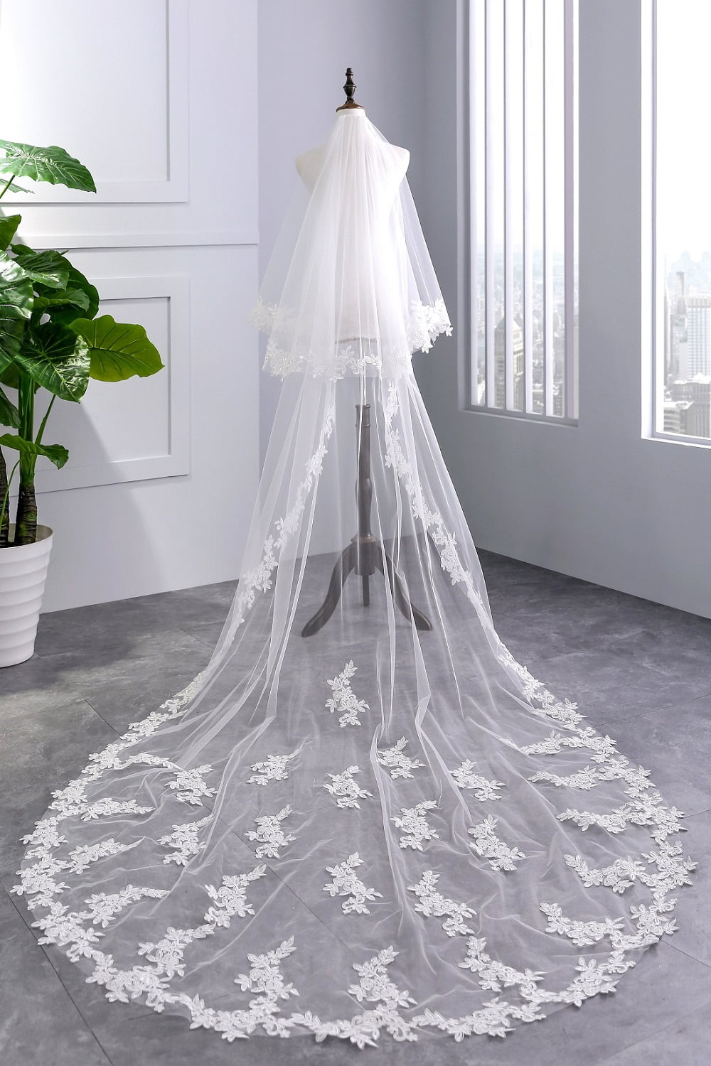 Elliewely 2 Tier Wedding Veil Chapel Length 3 M(118 inch) Plain Tulle Bridal Veil with Metal Comb E22 Ivory, Size: 2 T(First Tier :300cm/118inch
