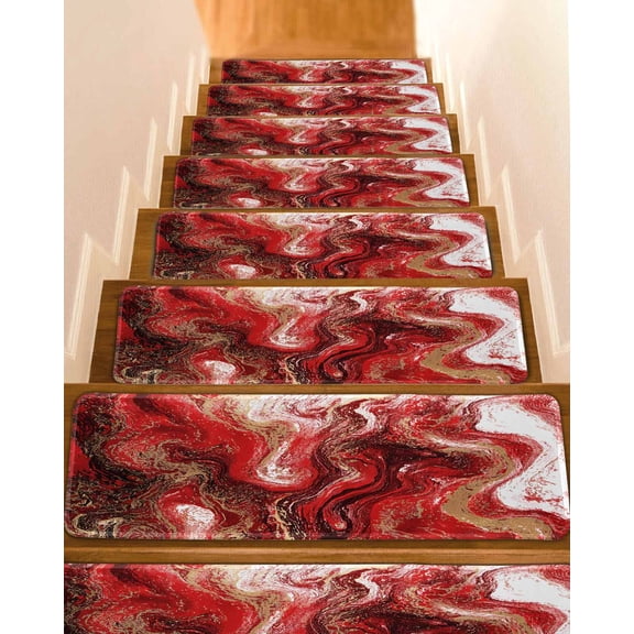 Red Marble Non-Slip Stair Treads for Wooden Steps, 7 Pack-8x30in Carpet Stair Mats with Adhesive Backing, Noise-Reducing Step Covers for Indoor Stairs, Easy to Install & Residue-Free
