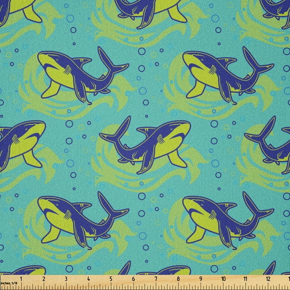 Ambesonne Fish Fabric by the Yard Microfiber, Deep Sea Sharks Swimming Art, 10 Yards, Seafoam Pale Green and Indigo