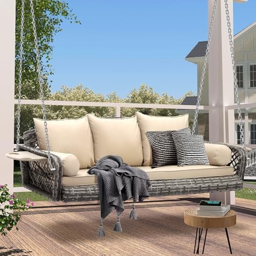 Wicker Hanging Porch Swing Chair 3-Seats Outdoor Gray Rattan Patio Swing Lounge with Cushions Cupholders Capacity 660lbs for Garden, Balcony, Living Room$$Garden & Patio