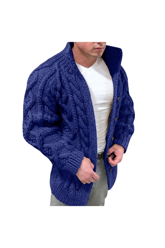 Men'S Clearance Blouse Men'S Warm Autumn and Winter Pure Color Wool Knitted Sweater Cardigan Blue