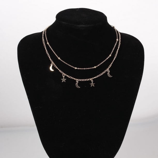 Collar corto con doble luna y estrella, joyería europea y americana, cadena de clavícula con cuentas redondas