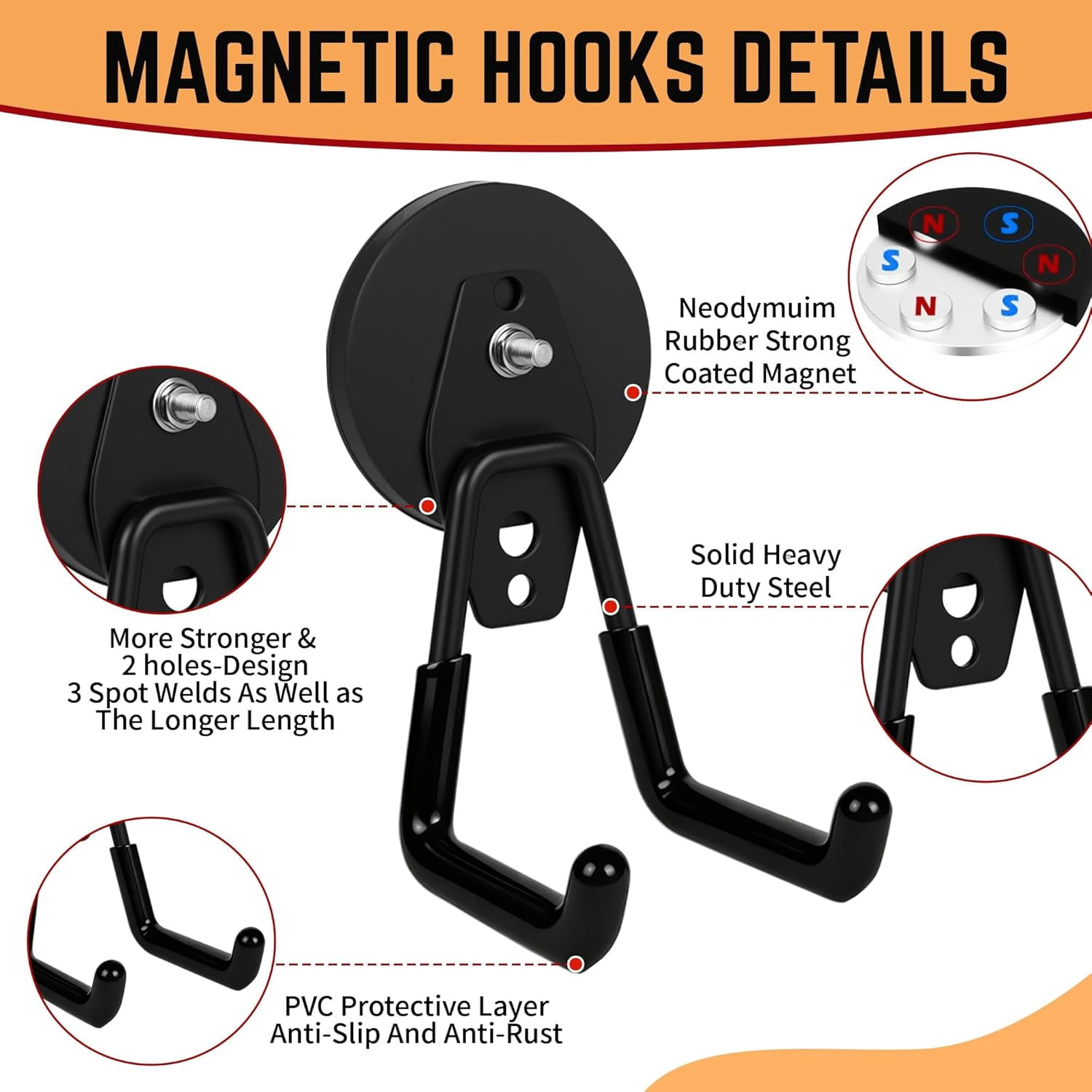 RGHJAR-4 Pack Strong Magnet Hooks Heavy Duty, Rubber Coated No Damage Hook for Garage Storage, Dual Hook Design, Large Magnetic Hangers for Tools, Garden, Workshop (Orange2pcs + Black2pcs)