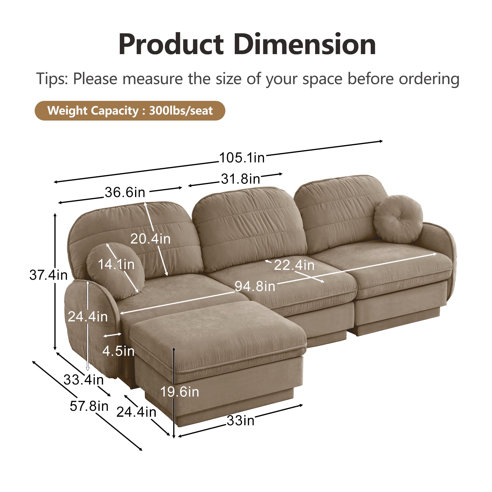 Mintazer 105" Chenille Cloud 3-Seater Modular Sectional Sofa with Movable Ottoman & Round Pillows, L-Shaped Ergonomic Sofa Couch for Living Room, Apartment, Light Coffee