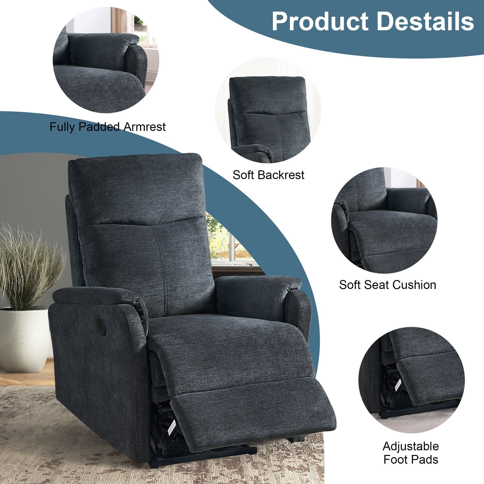 DEALTOPS Power Recliner Chair with USB Ports, Recliner Single Chair with Adjustable Footrest, Dark Gray