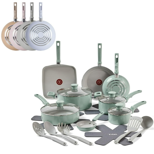T-Fal Juego de sartenes y ollas antiadherentes Refresh de cerámica, 20 piezas, fabricado sin PFOA y PTFE, apto para horno, C488SK64