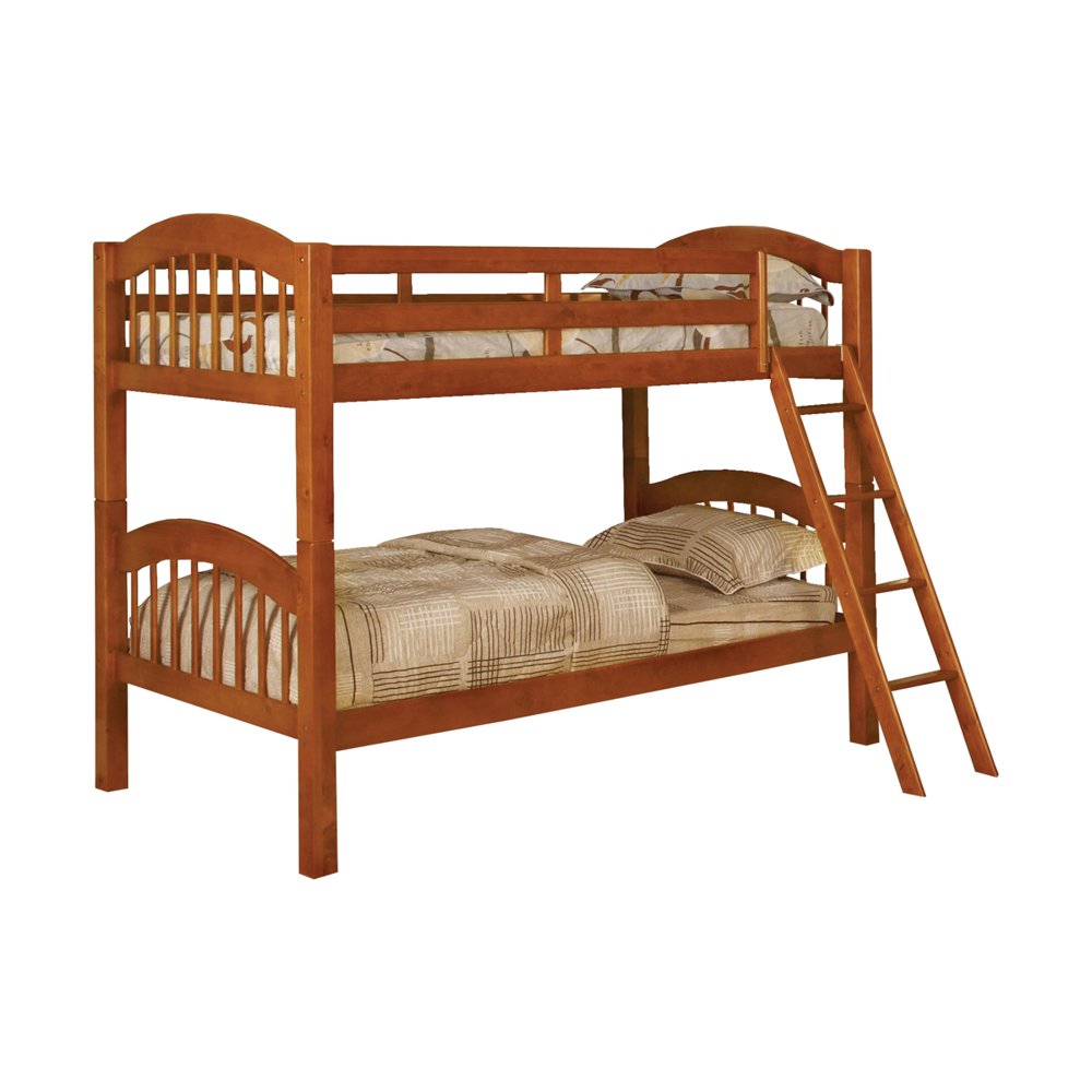 2 Tier Picket Fence Style Twin Bunk Bed with Angled Ladder, Oak Brown