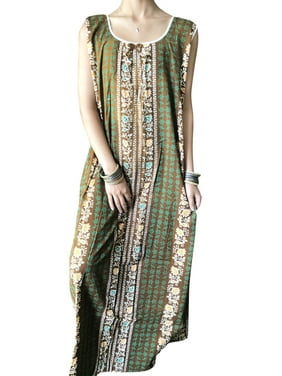 Mogul Women Nightwear Maxi DRess cotton Green Printed Sleepwear House Dress Holiday Boho nightgown, Caftan Dress, L