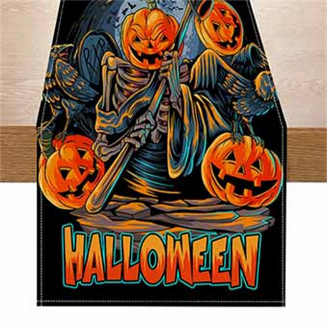 Gothic Style Evil Pumpkin cross Spider Web Halloween Table Runner, Seasonal Fall Kitchen Dining Table Decoration Wallpaper for Home Party Decor 13x72 Inch