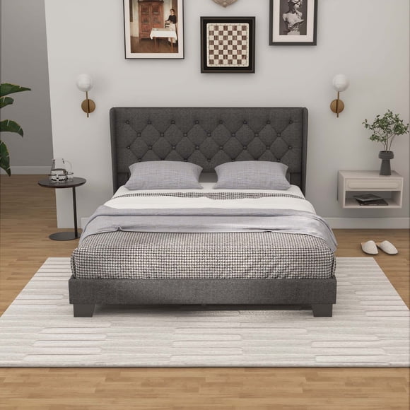 Costway Queen Size Upholstered Platform Bed Tufted Headboard Mattress Foundation Grey