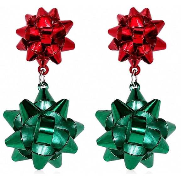 Women’s Red and Green Christmas Bow Drop Earrings, Festive Holiday Statement Dangle Earrings