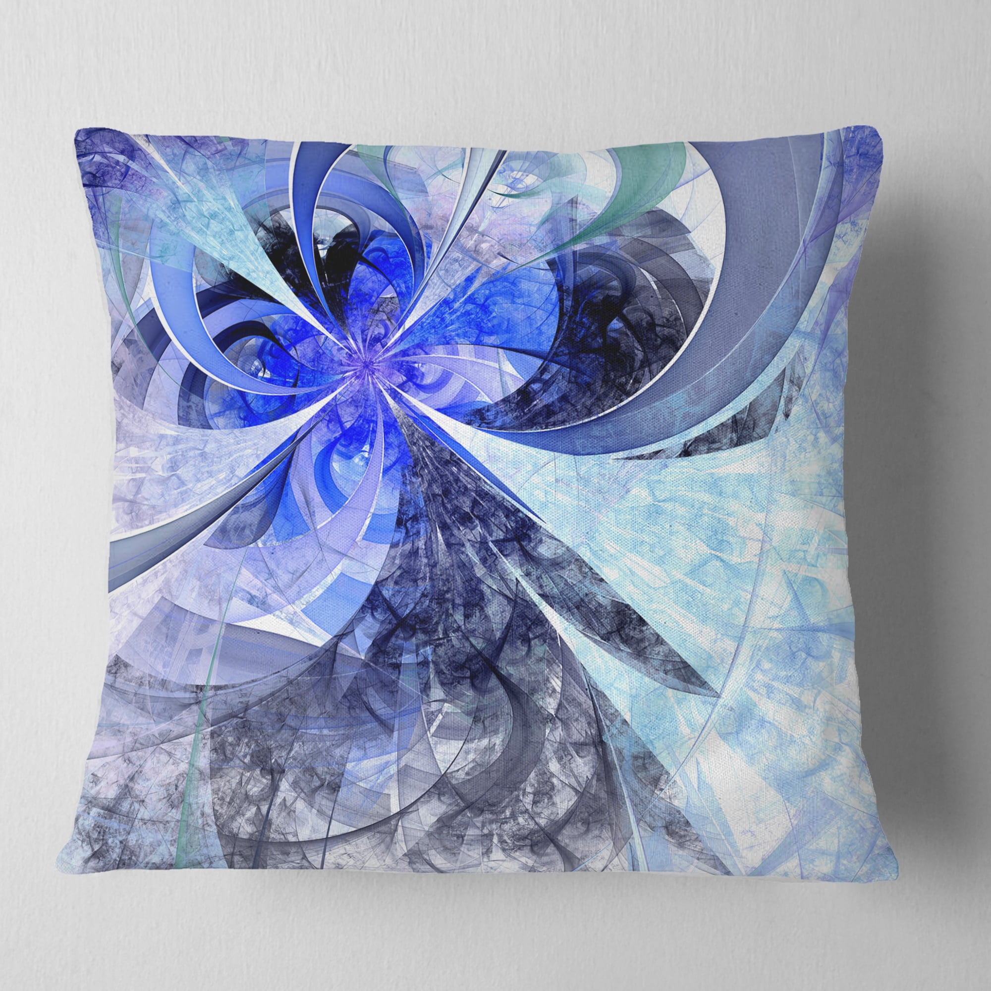 Designart Blue White Fractal Flower Pattern - Floral Throw Pillow - 16x16