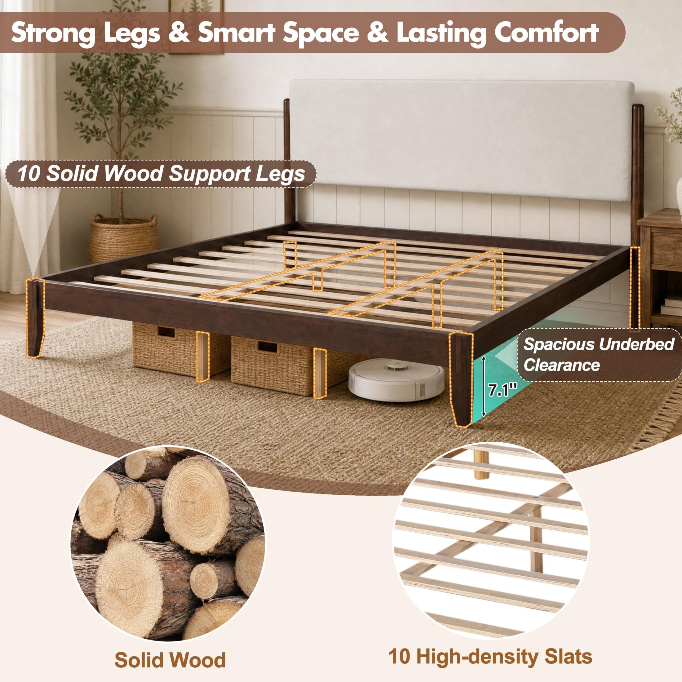 Christopher Knight Home King Solid Wood Platform Bed Frame with Velvet Upholstered Headboard, Walnut