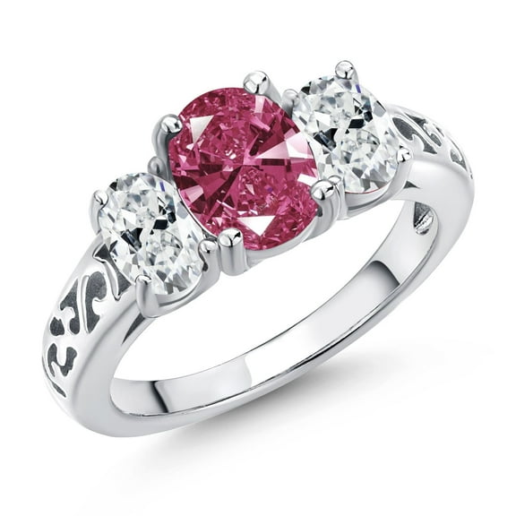 Gem Stone King 925 Sterling Silver Red Zirconia and White Zirconia Filigree Style 3 Stone Ring for Women (2.07 Cttw, Oval 8X6MM and 6X4MM) (Size 6)