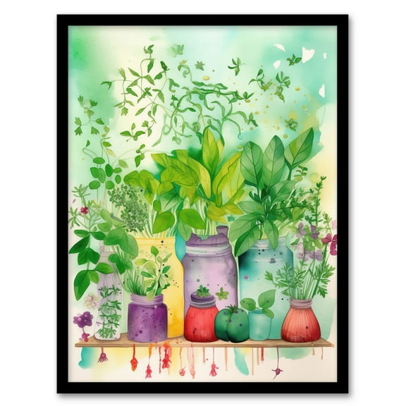 The Herb Shelf Folk Art Watercolour Painting Bright Kitchen Artwork Fresh Herb Plant Pots Art Print Framed Poster Wall Decor 12x16 inch
