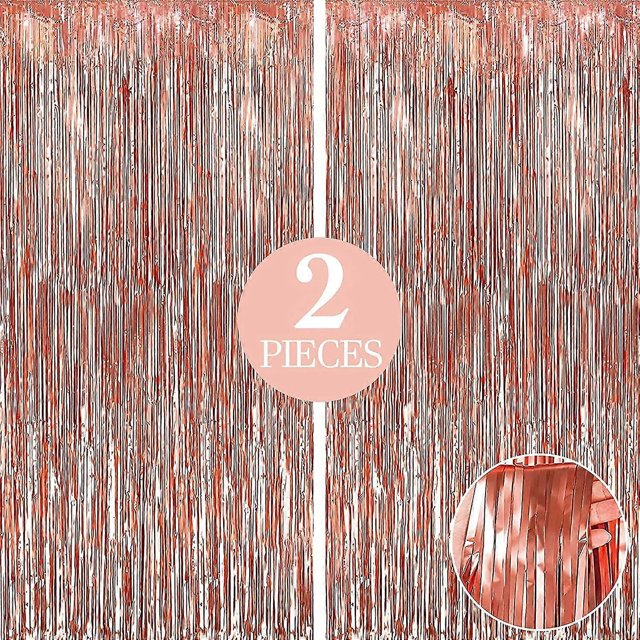 Cortina extragrande con flecos en oro rosa, 6,4 x 8 pies, paquete de 2 decoraciones para fiestas en oro rosa | Decoraciones de cumpleaños en oro rosa | Rayas de oro rosa metalizado