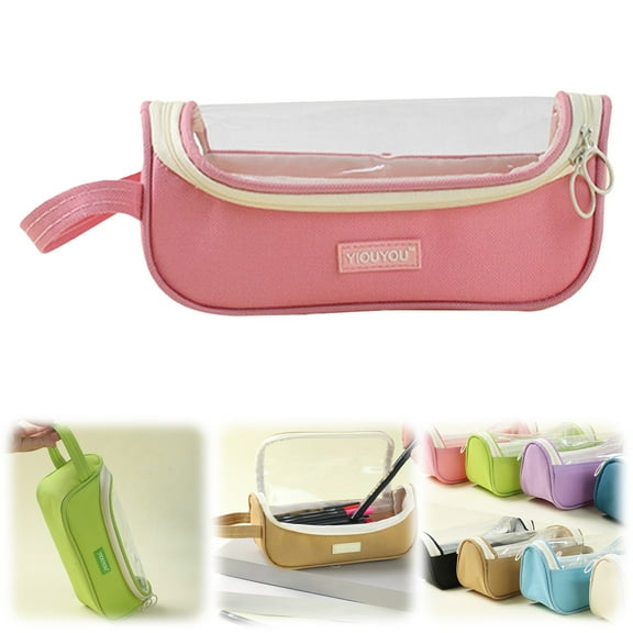 Denhf Clear Pencil Case, Aesthetic Zipper Pencil Pouch with Grip Handle, Multifunction Pencil Bag, Portable Transparent Makeup Bag, Office Stationery Supplies, Pink