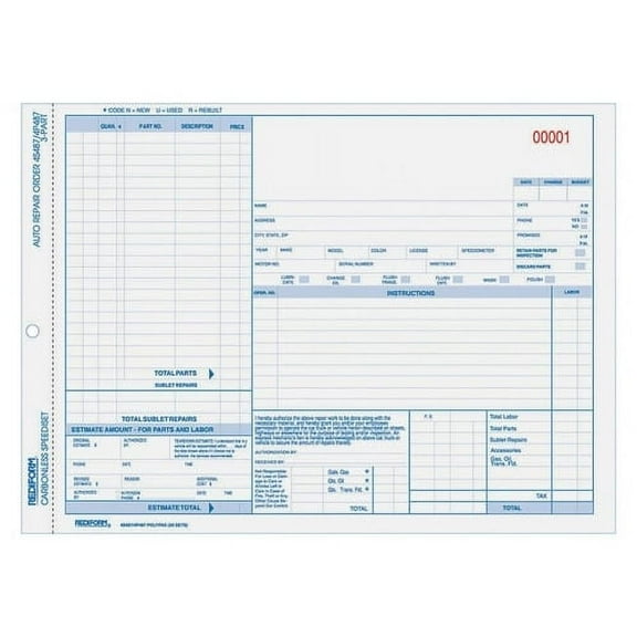 Rediform, RED4P487, 3-Part Auto Repair Order Forms, 50 / Pack