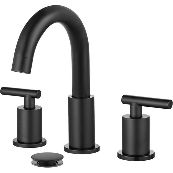 3 Hole 2 Handles Lavatory Basin Bathroom Sink Faucet with Pop Up Drain with Hot and Cold Mixer Valves 8 Inch Widespread Bathroom Faucet Matte Black