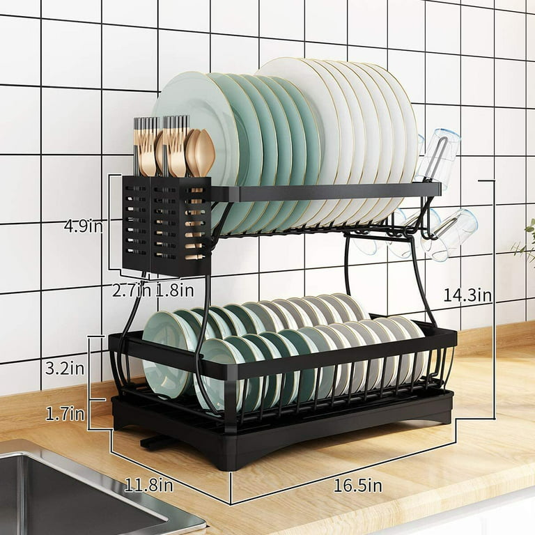 2 Tier Large Dish Drying Rack Drainboard Set for Kitchen Counter, Untyo  Stainless Steel Dish Drainer Rack with Drainer Board with Utensil & Cup  Holder