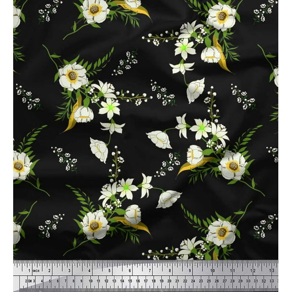 Soimoi Black Cotton Duck Fabric Leaves,Clematis & Camellia Floral Print Sewing Fabric Yard 42 Inch Wide