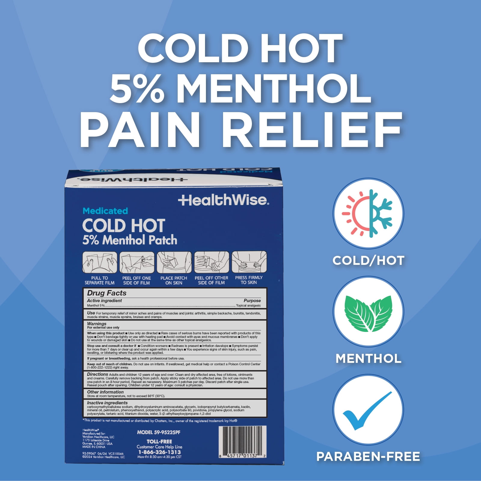 HealthWise Cold Hot Medicated Menthol Patch | 5% Menthol | Back and Large Areas | 7.87” x 3.93” | 25-Count | Paraben-free | Soothes Minor Aches and Pains