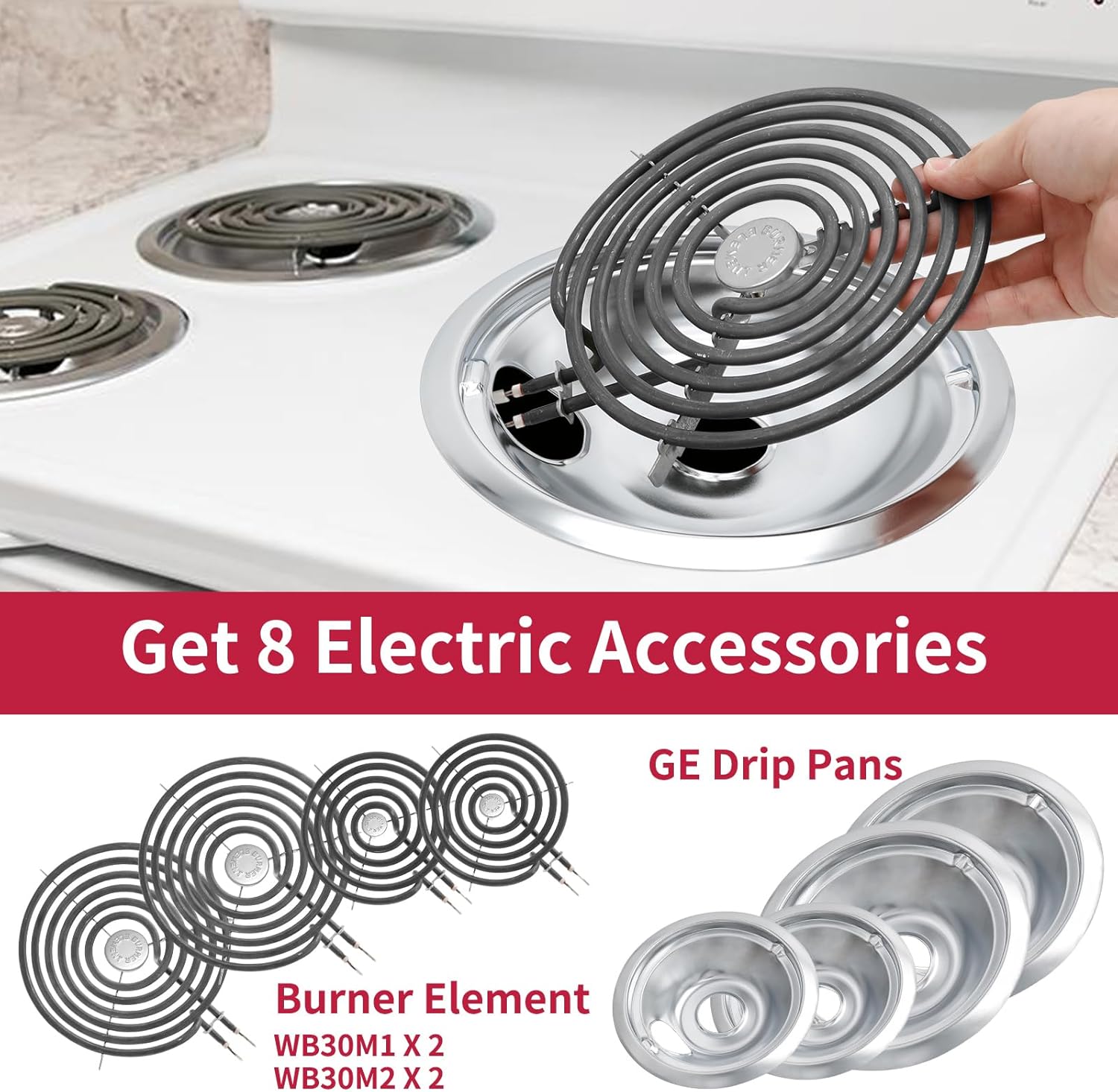 COZZIVITA Stove Burner Element Unit Set and GE Drip Pans, Perfectly Fit WB30M1 & WB30M2 -Replacement for GE Hotpoint Stove Top