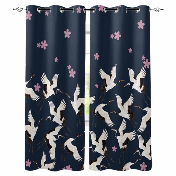 Fsddascl Pink Cherry Blossoms Blackout Curtains for Bedroom/Living Room, Thermal Insulated Kitchen Curtains, Japanese Crane Navy Blue Grommet Darkening Window Treatment Drapes 52"x84"x2