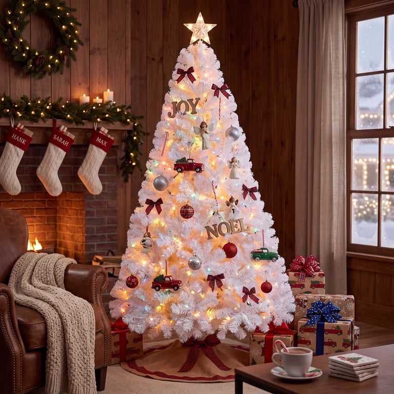 Lookfly Pre-Lit Artificial Christmas Tree,7.5ft White Christmas