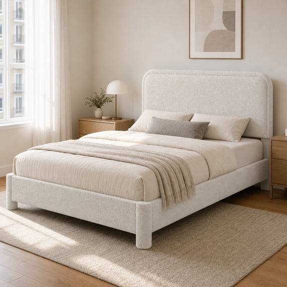 JIOABL Full Upholstered Platform Bed Frame with Adjustable Headboard, Teddy Fleece Fabric, No Box Spring Needed, White