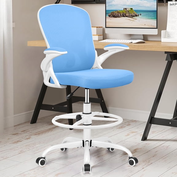 Felixking Ergonomic Drafting Chair, Tall Office Desk Chair with Adjustable Footrest Ring & Flip-Up Arms, Swivel Mesh Task Chair for Standing Desk, Blue