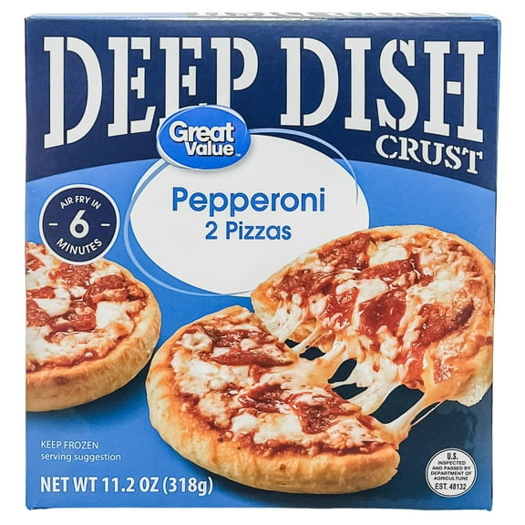 Great Value Deep Dish Pepperoni Pizza, with a Zesty Red Tomato Sauce, 2 Count, 11.2oz (Frozen) Allergens: Milk, Wheat, and Soy.