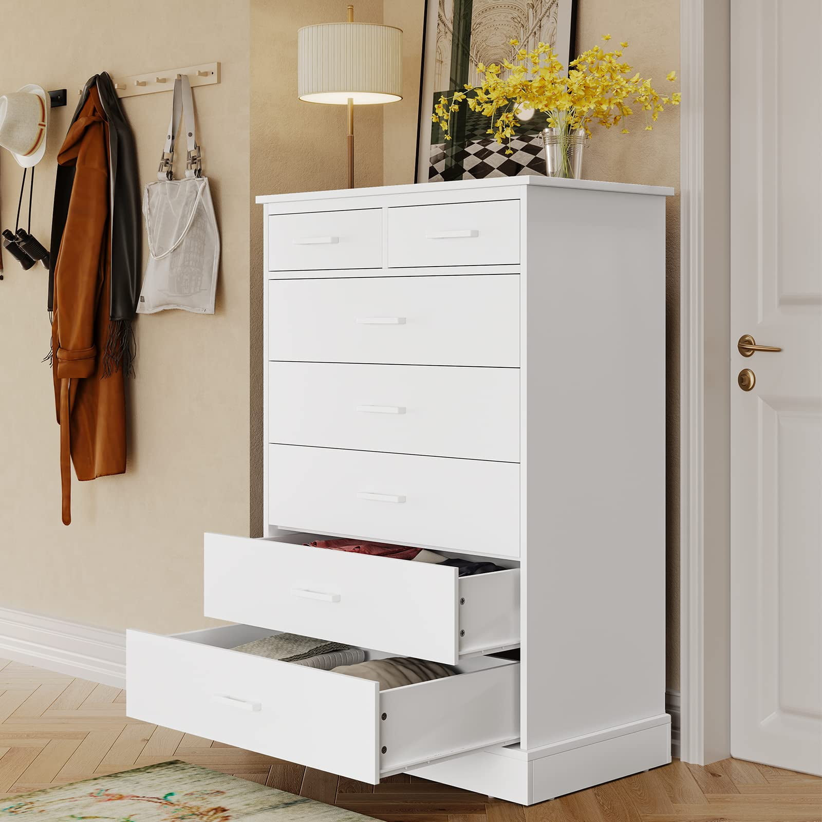 7 Drawer Dresser Chest of Drawers for Bedroom,Large Tall Clothes Organizer  for Living Room with “X” Steel Frame, White