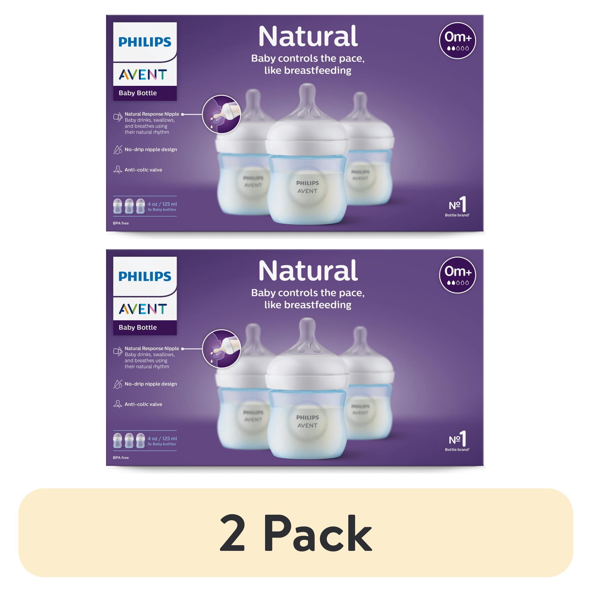 (2 pack) Philips Avent Natural Baby Bottle with Natural Response Nipple, Blue, 4oz, 3pk, SCY900/23