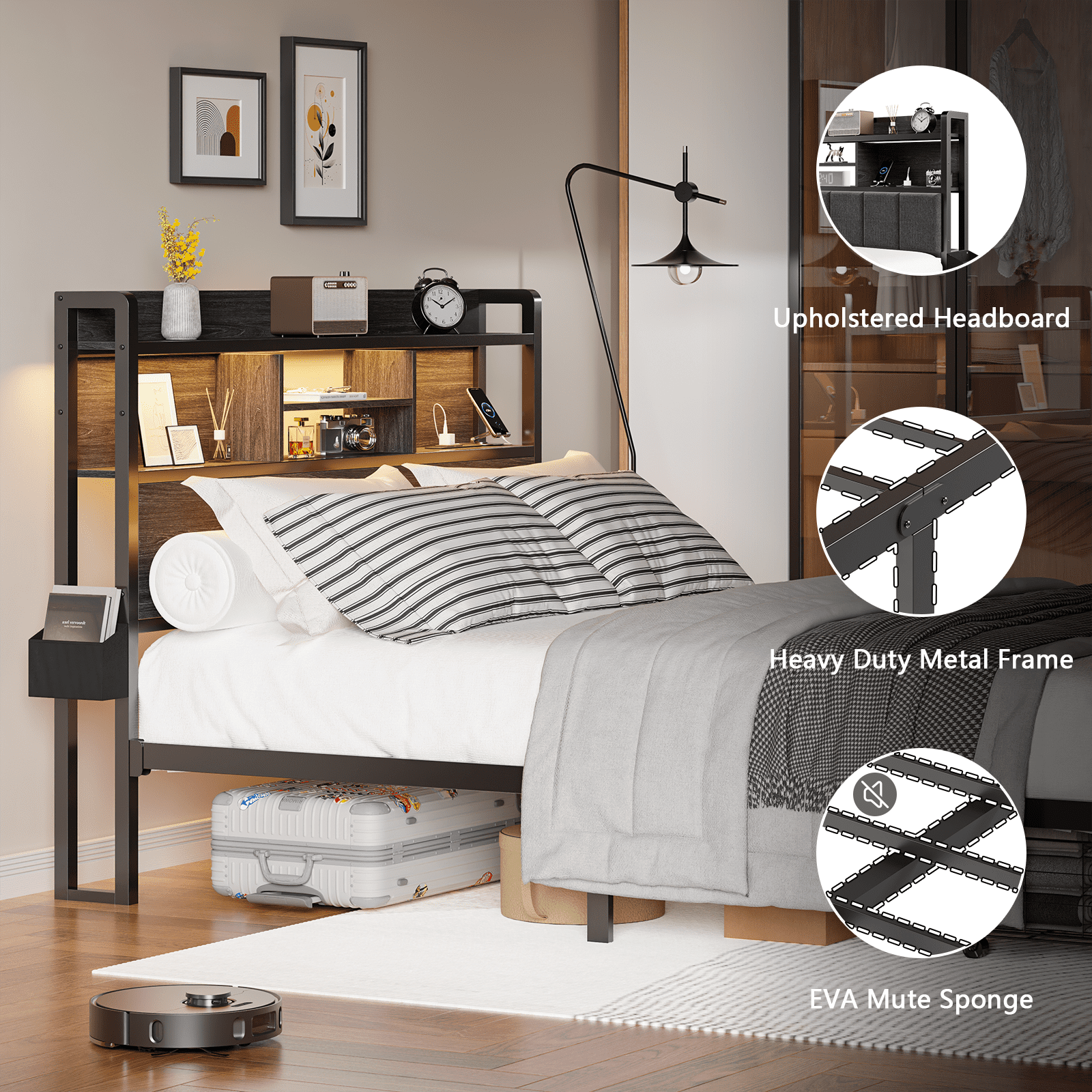 Satifur Queen Bed Frame with 2 Drawers & Headboard Storage Shelf, Noise Free, Black