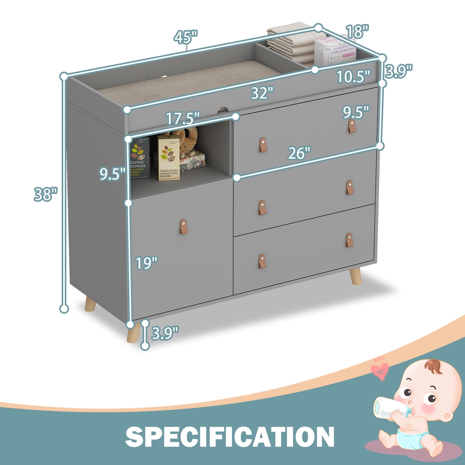 Oxylife Baby Nursery Changing Table Dresser with 3 Drawers and Shelf, Gray